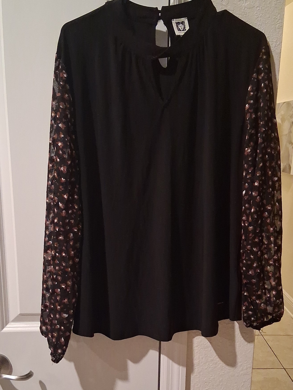 Anne Klein Black Blouse with Patterned Long Sleeves